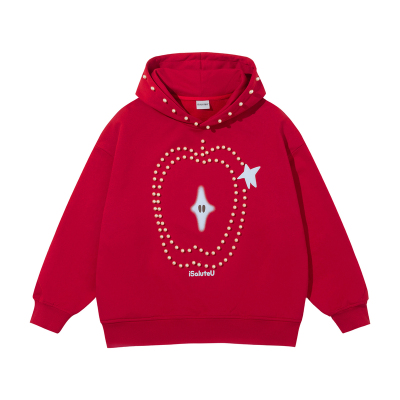 iSaluteU 趣味苹果图案珍珠烫钉连帽卫衣春秋季潮牌宽松帽衫情侣