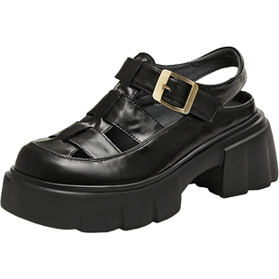 天美意夏季新款厚底增高百搭镂空猪笼鞋女罗马凉鞋KL004BH5