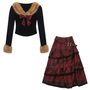 织物猪 莓果丝绒 甜酷风黑红色格纹半身裙套装女冬毛领上衣两件套