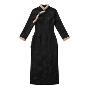 黑色复古风新中式长袖加绒加厚冬款旗袍2026新款毛领保暖遮肚显瘦