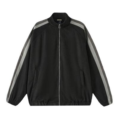 98SQUID 美式侧边拼接条纹立领外套秋冬情侣百搭宽松开衫夹克上衣