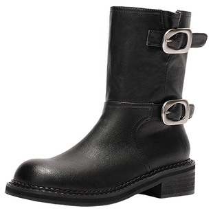 明星同款森达银河骑士中筒靴女25冬新机车风厚底西部靴短靴ZTI45