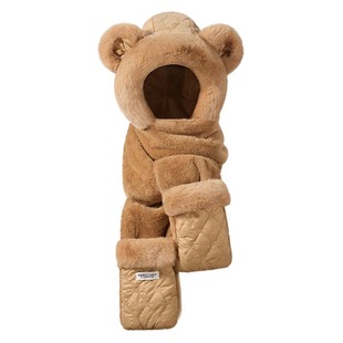 2025新款小熊围巾帽子手套一体毛绒女围脖三件套防寒冬季骑车保暖