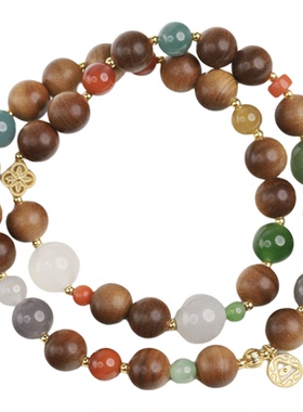 【聚欢】18K金印度老山檀0.8黑肉虎皮南红和田玉蓝翡双圈手串￥￥