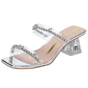 商场同款星期六2026夏季爆款水钻高跟拖鞋女士绝美配裙子粗跟凉拖