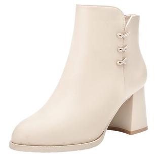 大东官方粗跟高跟短靴女2025新款冬季加绒皮靴高跟靴白色靴子女款