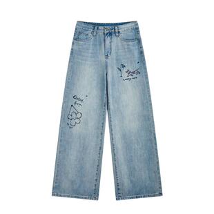 紫涵刺绣做旧蓝色牛仔阔腿裤女士夏季新款高腰直筒显瘦纯棉休闲裤