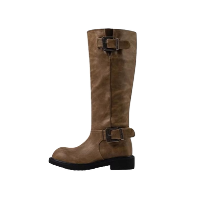 牛皮复古厚底骑士靴女加绒长筒靴