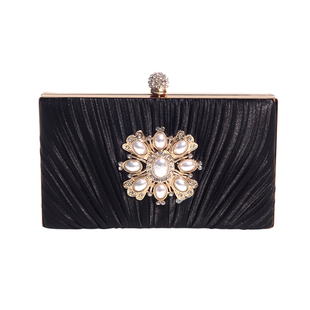 新款绸缎珍珠手拿包女名媛晚宴旗袍礼服宴会包镶钻链条褶皱小方包