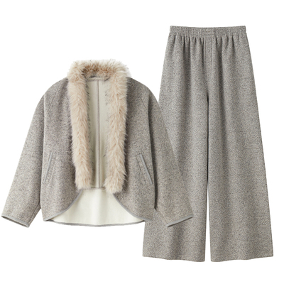 蝙蝠袖羊毛混纺花纱加绒套装