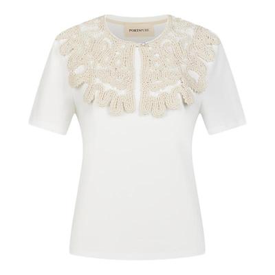 宝姿PORTSPURE女装百搭清新可拆卸蕾丝海军领简约短袖T恤上衣