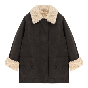 ROCOCO/洛可可毛绒领收腰PU皮外套女2025秋冬新款复古港风夹克