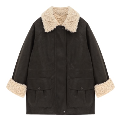 ROCOCO/洛可可毛绒领收腰PU皮外套女2025秋冬新款复古港风夹克