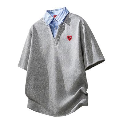 查尔斯桃心 衬衫短袖t恤男翻领假俩件学院风格子半袖情侣夏季新款