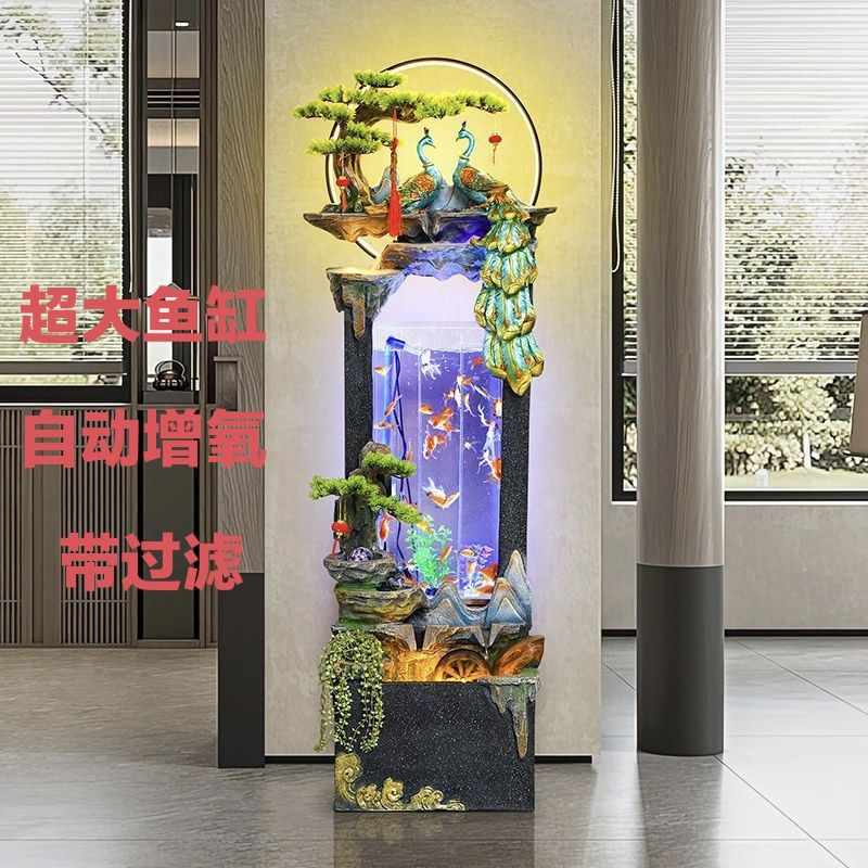 (首单直降)假山流水生财摆件招财鱼缸过滤器循环系统孔雀装饰