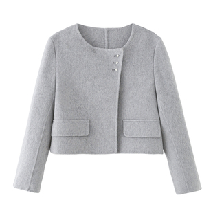 艾格双面绵羊毛呢外套女冬季圆领保暖小个子短款小香风厚毛呢大衣