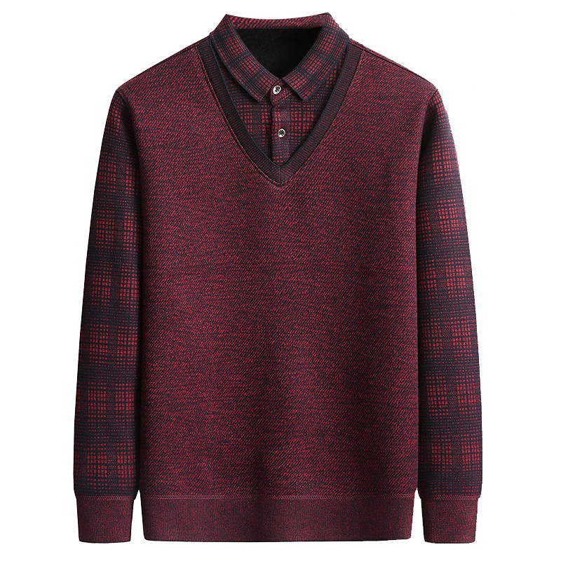 爸爸冬装中老年假两件毛衣男加绒加厚本命年中年男士保暖红色上衣