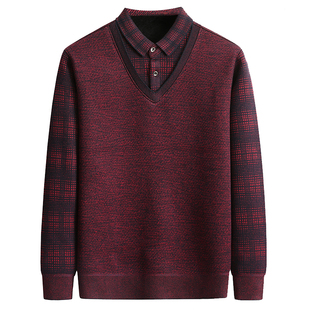 爸爸冬装中老年假两件毛衣男加绒加厚本命年中年男士保暖红色上衣