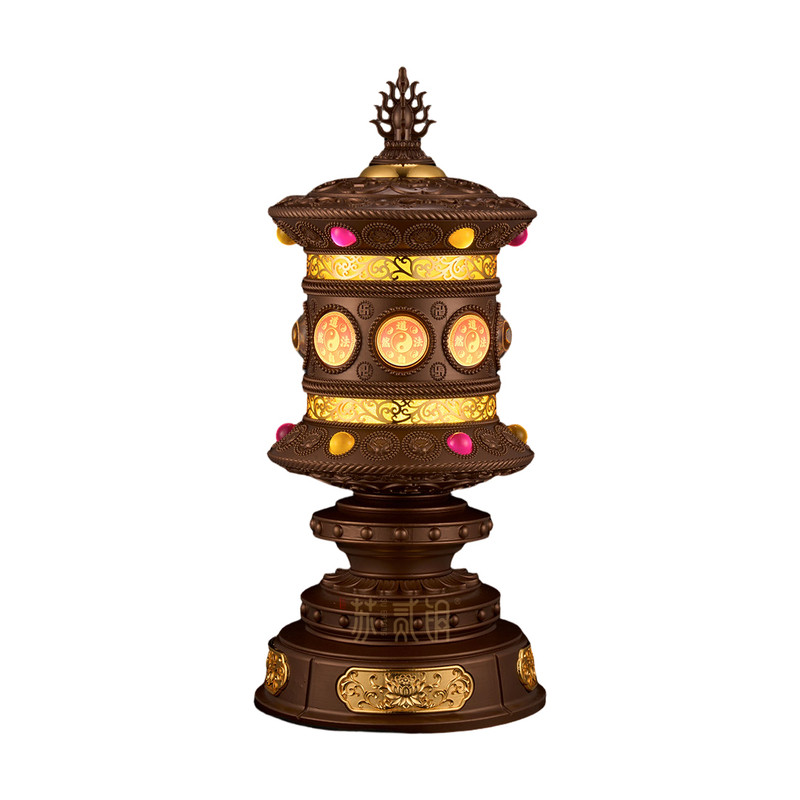 精铸金轮转动八吉祥莲花供灯摆件