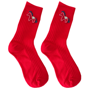 新年氛围感卡通小马大红袜子2026本命年属马酒红袜子多样百搭红袜