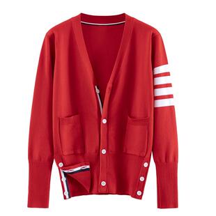 本命年红色针织开衫外套女2026新款春秋V领针织衫百搭四道杠毛衣