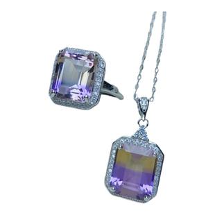 招财天然紫黄晶戒指吊坠女 925银镶嵌水晶8乘10组合银饰套装饰品
