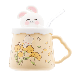 兔子吸管马克杯带盖高颜值可爱儿童水杯家用陶瓷杯子女生生日礼物