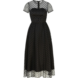 HVN 春夏女蝴蝶结绢网缎面中长连衣裙小黑裙