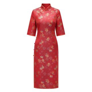宋锦真丝旗袍红色连衣裙春秋妈妈婚宴订婚礼服桑蚕丝喜婆婆婚宴装