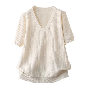 冰丝短袖t恤女大码胖mm夏季韩版200斤宽松显瘦短袖V领针织衫上衣
