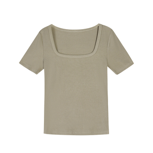 NEVA HU 黑色方领短袖t恤女修身夏季新款紧身显瘦内搭打底衫