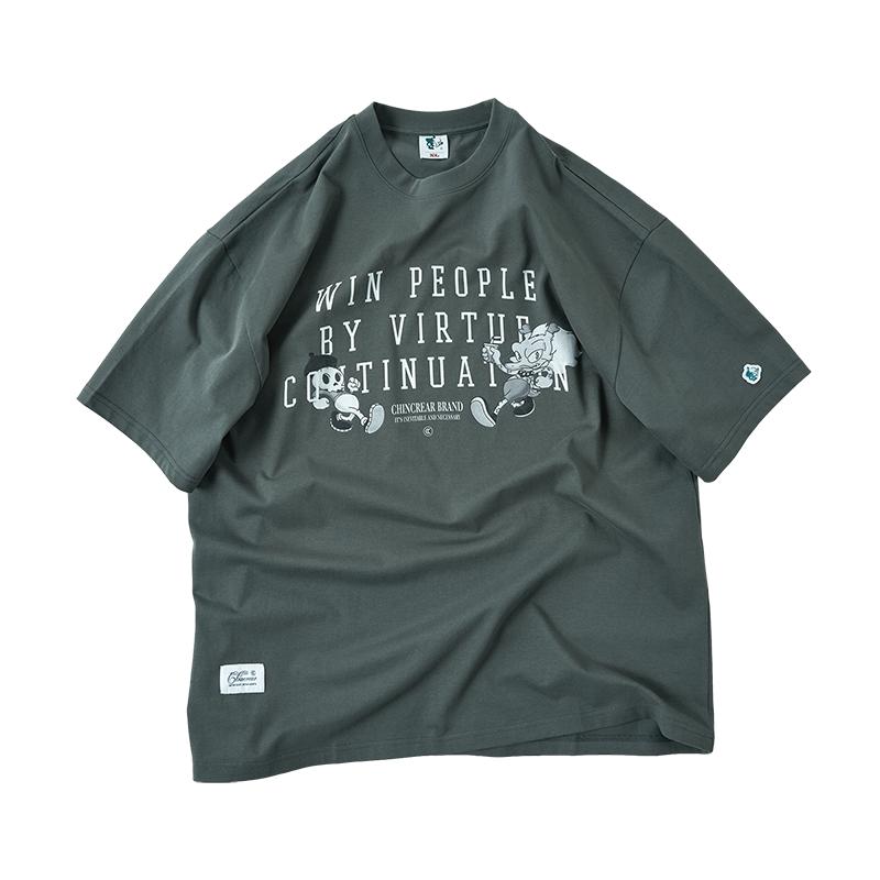 CHINCREAR 2024/以德福人 主题印花宽松基础版型纯棉T恤-灰色