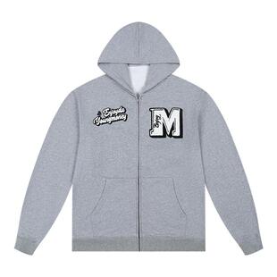 MEDM25SS复古美式字体毛巾绣拉链连帽卫衣男春秋美式高街休闲帽衫