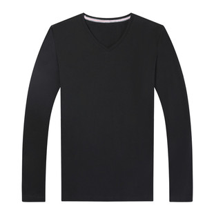 皮尔卡丹纯棉T恤男长袖春秋V领打底衫红色中青年鸡心领休闲卫衣潮