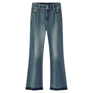 商场同款|森柔森马牛仔裤女冬季弹力分割抓绒长裤2025新款喇叭裤