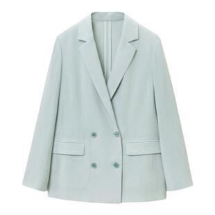 OVV春夏热卖女装经典双排扣平驳领醋酸仿麻西服外套