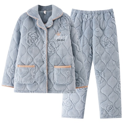 浪莎珊瑚绒夹棉睡衣女保暖套装