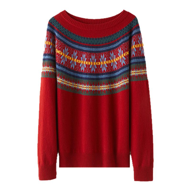 思诺芙德圆领费尔岛羊绒衫女秋冬新款复古红色山羊绒软糯针织毛衣