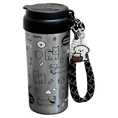 恒度黑色小狗陶瓷内胆吸管保温杯