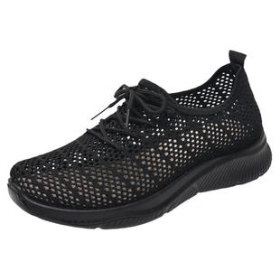 黑色运动鞋女夏季透气纯黑女鞋工作鞋网鞋轻便软底镂空女款网面鞋