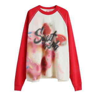 【苏新皓同款】LALABOBO新年红款涂鸦蛋糕原创印花潮T恤插肩长袖