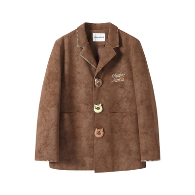 ANDREA MARTIN秋冬新品复古皮衣趣味纽扣刺绣西装外套男女款