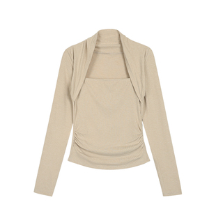 MULVAN 摩登画报 假两件方领长袖针织衫女高级感褶皱修身打底上衣