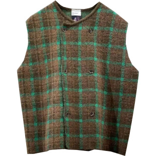 秋冬新品复古民族风一七然气质休闲格子双排扣减龄休闲针织衫马甲