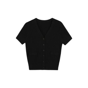 pusumede 白色麻花V领短袖开衫女薄款夏季设计感短款针织衫上衣