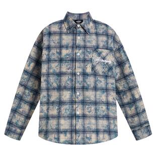 [陈鹤一同款]404MOB水墨扎染微皱刺绣格纹长袖衬衫男美式情侣外衣