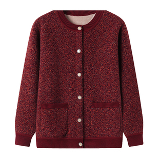 中老年人女妈妈秋冬装加绒加厚毛衣外套老太太开衫奶奶加肥加大码