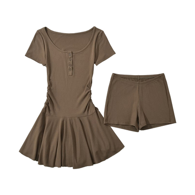 收腰褶皱裙摆连衣裙高腰短裤套装