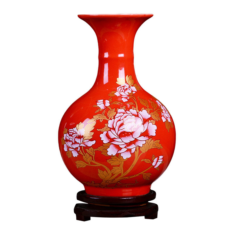 景德镇中国红陶瓷花瓶家居客厅电视柜装饰品小摆件新中式插花瓷器