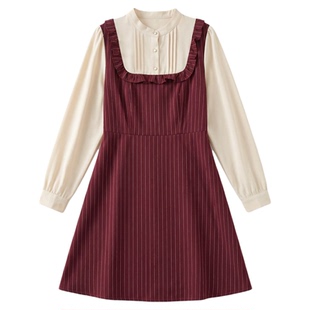 2026春装新款法式气质显瘦胖MM大码A字裙遮肉长袖条纹红色连衣裙